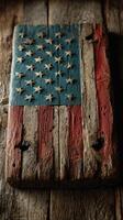 Vintage wooden American flag hanging on a rustic background showcasing detailed craftsmanship photo