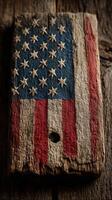 Wooden plaque displaying an ancient American flag design on rustic wooden background photo