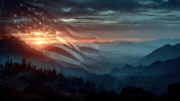 Sunset over mountains with American flag blend creating a patriotic landscape photo