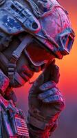 Soldier adjusting gear during twilight in a cold environment with a vibrant sunset backdrop photo