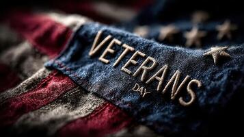 Veterans Day fabric patch on an American flag symbolizes honor and remembrance of military service members photo