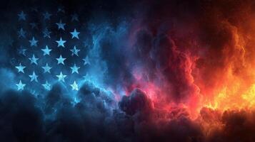 Artistic representation of American flag blending with vibrant clouds of blue and red during a twilight hour photo