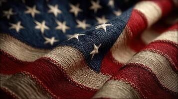 Detailed close-up of American flag fabric highlighting texture and colors on a sunny day photo