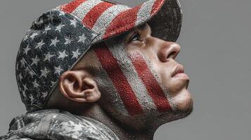 Soldier displays patriotism with painted face and American flag cap in powerful portrait photo