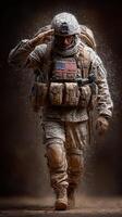 Soldier saluting with pride during a moment of remembrance in a dusty terrain photo
