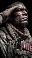 Military soldier saluting proudly while wearing camouflage uniform and historic American flag patch against dark background photo