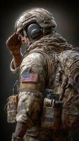 Soldier in tactical gear saluting with American flag patch, showcasing military pride and dedication during a deployment preparation photo