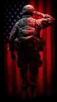 Soldier saluting against a backdrop of the American flag in a powerful tribute to military service and sacrifices made photo