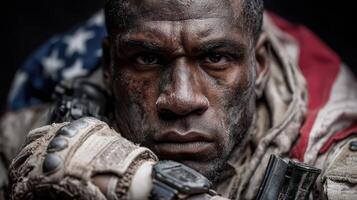 Portrait of a soldier displaying determination and resilience in a patriotic setting with an American flag backdrop photo