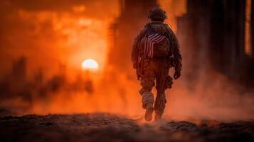 Soldier walks toward sunset in a war-torn environment filled with dust and shadows photo