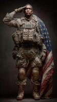 Saluting soldier wearing military gear with an American flag draped behind in a solemn tribute during a military recognition event photo