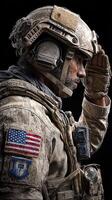 Soldier saluting with military gear, showcasing dedication and honor in a dramatic pose photo