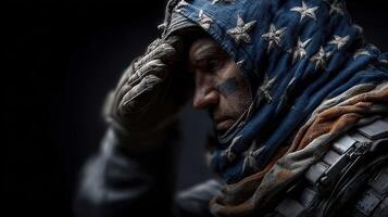 Soldier saluting with weathered expression and American flag scarf in dramatic lighting photo