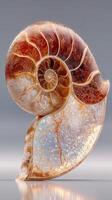 Unique fossilized nautilus shell showcasing intricate patterns and colors against a smooth background photo