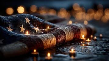 Remembrance candles around a tattered American flag in a dimly lit setting during the night photo