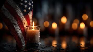 Candlelight tribute with American flag during a solemn evening ceremony honoring heroes and reflecting on freedom photo