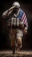 Soldier saluting with American flag during military ceremony at dusk in a solemn atmosphere photo