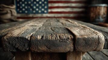 Wooden table in rustic setting with American flag backdrop during daylight hours photo