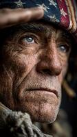 Portrait of a veteran displaying determination and resilience during a commemorative event in an outdoor setting photo