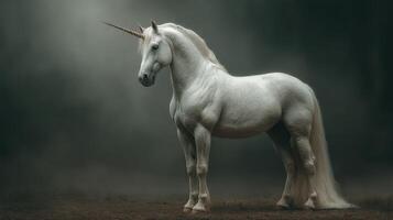 Majestic white unicorn standing gracefully in a misty forest during twilight hours showcasing its magical presence photo