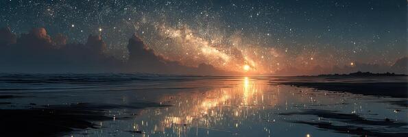 Night sky over calm ocean reflects the Milky Way in a breathtaking celestial view along the shoreline photo