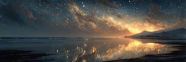Starlit ocean shore reflecting a vibrant galaxy at twilight photo