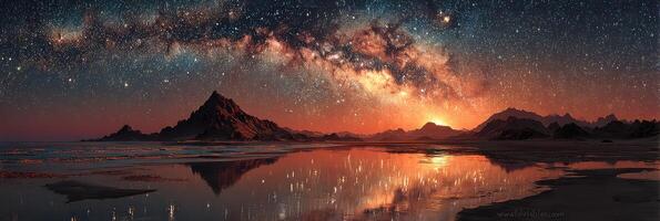 Starlit landscape at dusk with the Milky Way reflecting on tranquil waters in a remote desert setting photo