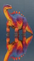 Colorful dinosaur sculpture reflecting on water in a studio setting during daylight photo