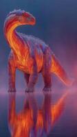 Dinosaur stands majestically in misty landscape with glowing colors and reflections at twilight photo