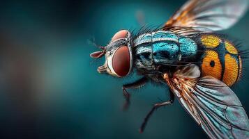 Vibrant close-up of a colorful fly showcasing intricate wing patterns and eye detail against a soft blue background photo