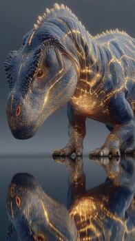 Dinosaur with glowing patterns reflected on a smooth surface in a stylized art setting photo