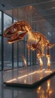 Museum exhibit features illuminated dinosaur skeleton in modern glass display during winter afternoon photo