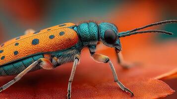Insect with vibrant blue and orange coloration on a leaf during daylight in a tropical environment photo