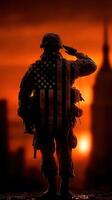 Soldier saluting against a sunset backdrop with a patriotic design featuring a flag motif photo
