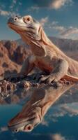 Lizard basking on a rock by a calm lake surrounded by mountains during a sunny day photo