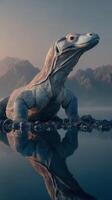 Komodo dragon rests by tranquil water with mountains in the background at dawn photo