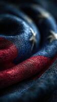 Close-up view of a vintage American flag fabric showcasing intricate details and vibrant colors in soft natural light photo