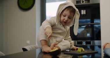 A baby in a bunny costume joyfully plays with fruits video