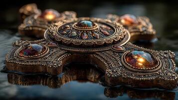 Ornate decorative cross displayed on reflective surface with intricate design and gemstone detailing photo