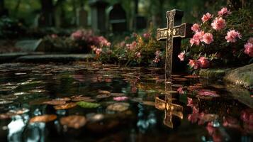 Reflections of tranquility at a serene graveyard with blossoms and a cross surrounded by still water photo