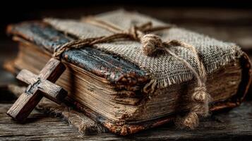 Vintage worn book tied with twine and cross resting on rustic wooden surface in soft natural light photo