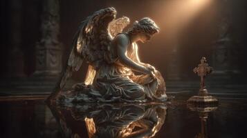 Serene angel rests on reflective surface near cross in dimly lit sacred space photo