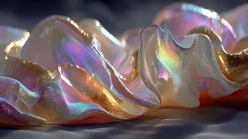 Flowing fabric displays iridescent colors under soft lighting creating a mesmerizing effect photo