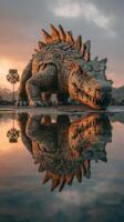 Massive dragon sculpture reflected in calm water during sunrise in a scenic outdoor park photo