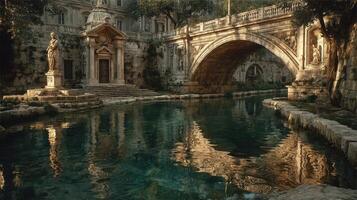 Serene reflection of a historic bridge by a tranquil waterway surrounded by ancient architecture photo