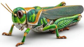 Close-up view of a vibrant green grasshopper in a detailed anatomical perspective during a sunny outdoor day photo