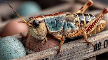 Detailed close-up of a colorful grasshopper resting on eggs in a wooden crate in a natural setting during daylight photo