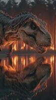Dinosaur near a lake reflecting a fiery forest backdrop at dusk photo