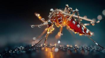 Close view of a mosquito with water droplets sparkling on its body, captured in a detailed macro shot during the early morning light photo