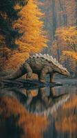 Dinosaur walking near calm water surrounded by vibrant autumn trees in a serene landscape photo